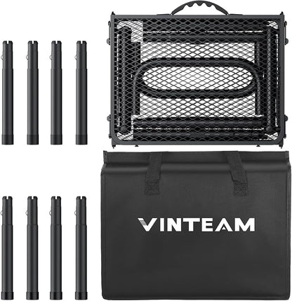 VINTEAM Folding Grill Table with Mesh Top, 3 Adjustable Heights, Lightweight Portable Camping Table, Black Aluminum Alloy BBQ Picnic Table for Outdoor Cooking, Tailgating, Beach, RV & Backyard
