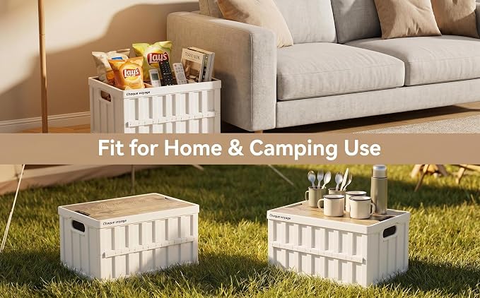 VIMI 50L Collapsible Storage Bins with Lids Stackable Utility Crates with Handles Plastic Large Folding Containers for Organizing Tools,Books,Food,Drinks,Camping&Transport (White-2 Pack)