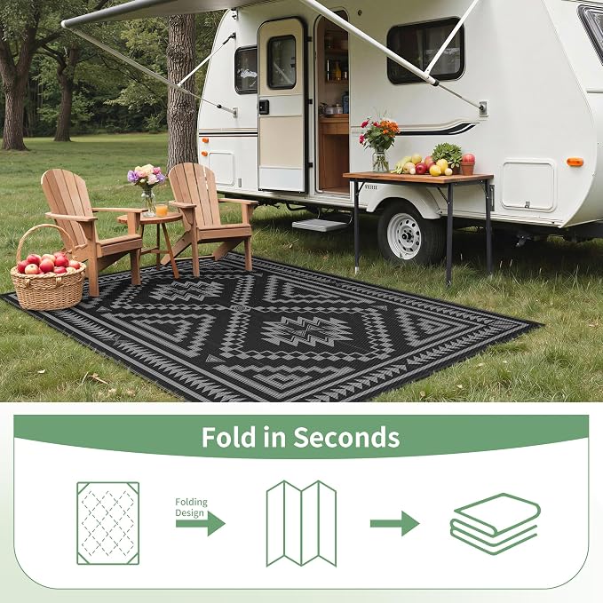 GENIMO Outdoor Rug, Waterproof Plastic Rugs for Patio, 8'x10' Charcoal Grey | Outside Larger Modern Carpet Mat for Porch Decor, Deck, Balcony, Camping, RV, Backyard, Picnic, Beach, Reversible, Foldable