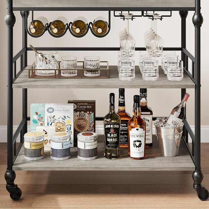 Garvee Bar Cart with Wheels, 3-Tier Rolling Serving Cart with Removable Tray, Mobile Kitchen Beverage Cart with Wine Rack & Glass Holder, Retro Roman Column Design, 35.4 x 15.7 x 34.1 Inches, Grey