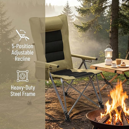 Adjustable Folding Beach Chair, Portable Camping Chair for Adults with Backrest, Reclining Outdoor Chair with Cup Holder & Pocket, Foldable Low Beach Chair for Camping, Picnic, Khaki