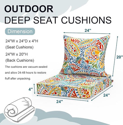 DYTXIII Outdoor Deep Seat Cushion Set, Water Repellent 24"x24" Patio Thick Cushions Replacement with Seat & Back Pillow for Patio Sofa, Wicker Chair, Couch - Paisley Multi