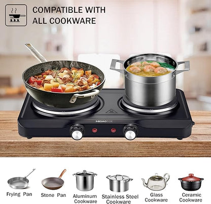 1800W Electric Hot Plate for Cooking, Double Burner with 7.2"&6.1" Cast Iron Heating Plate, Portable Cooking Stove, Adjustable Temperature Controls, Easy to Clean, Compatible for All Cookwares