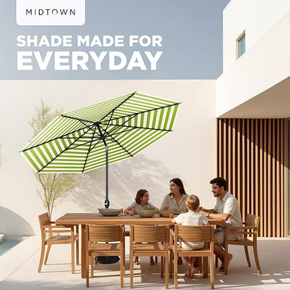 Midtown Umbrellas The Lean 8 Feet Outdoor Umbrella With Terylast Pear Stripes (Green/White Stripes) Polyester Fabric - Auto-Tilt Aluminum Frame Patio Umbrella For Deck, Garden, Pool - Black Pole