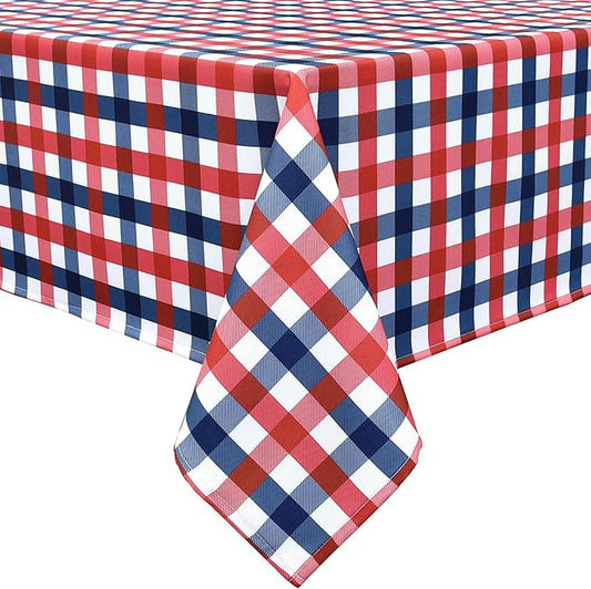 Classic Gingham 4th of July Tablecloth Fabric - Oblong 58x144 Inch Patriotic Party Table Cloth for Indoor Outdoor - American Theme Table Cover for Picnics and Parties
