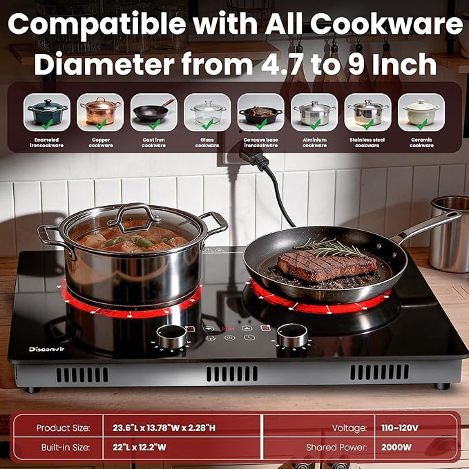 2 Burner Electric Cooktop 110V - 24 Inch(23.6"x 13.78") Ceramic Stove Countertop & Built-in(22"x 12.2"), 2000W Two Burner Cooktop with Touch & Knob Control, Timer, Safety Lock, 120V Plug in