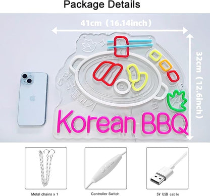 Korean BBQ Neon Sign,Korean Food LED Light Sign Wall Decor | Neon Lights Hanging Wall Art Decoration for Korean Restaurant Grill Kitchen Home Decor,USB Powered Dimmable,16.14×12.6 In