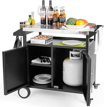 OuterMust Grill Table Outdoor Kitchen Cabinet, Moveable Outdoor Prep Table & Bar for Storage, Grilling and Pizza Oven, Multifunctional Silver & Black