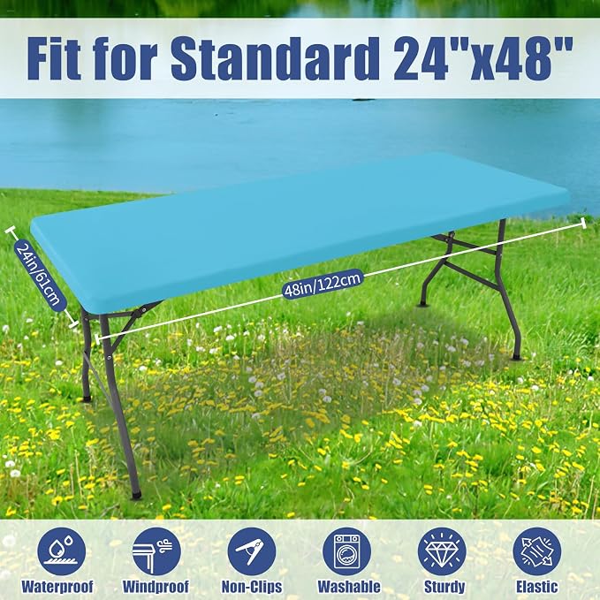 Moosfor Spandex 4 Foot Rectangle Table Cloth, Elastic Fitted Tablecloths for Picnic, Stretch Washable Patio Table Cover for Outdoor, Camping, Banquet and Parties (Blue Mist, 24"x48")