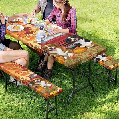 Maple Dog Pumpkin Outdoor Picnic Table Cover Thanksgiving 3 PCS Set Fitted Picnic Table Cover for Outdoor Camping