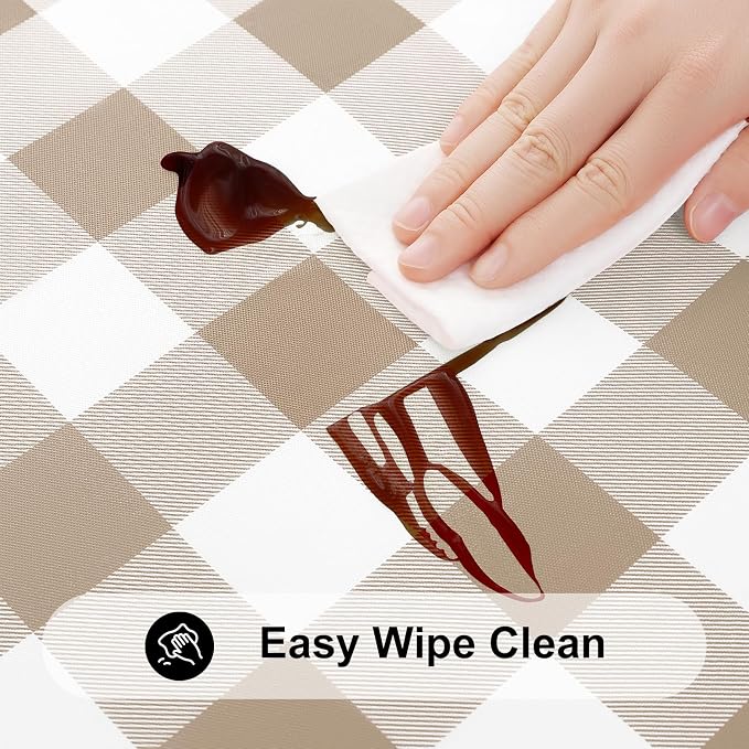 Smiry Rectangle Picnic Table Cloth, Elastic Waterproof Fitted Vinyl Tablecloths, Flannel Backed Buffalo Plaid Table Covers for Dining, Camping, Outdoor (White and Khaki, 36" x 72")