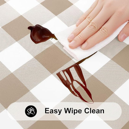 Smiry Rectangle Picnic Table Cloth, Elastic Waterproof Fitted Vinyl Tablecloths, Flannel Backed Buffalo Plaid Table Covers for Dining, Camping, Outdoor (White and Khaki, 24" x 48")
