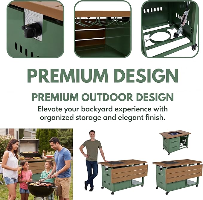 Outdoor Propane Fire Pit Table 44" with Lid & Wheels, Multifunctional Patio Fire Table with Storage Shelf, Steel Gas Firepit Dining Table for Backyard, Garden, Deck, Green