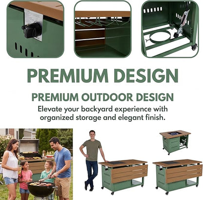 Outdoor Propane Fire Pit Table 44" with Lid & Wheels, Multifunctional Patio Fire Table with Storage Shelf, Steel Gas Firepit Dining Table for Backyard, Garden, Deck, Green