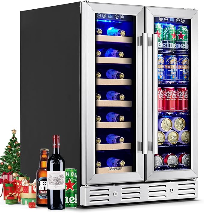 Kalamera 24 inch Wine Fridge Hold 21 Bottles and 75 Cans, Dual Zone Cooling | Wine and Beverage Refrigerator,Built-In or Freestanding with Blue LED Light for Home/Bar/Office
