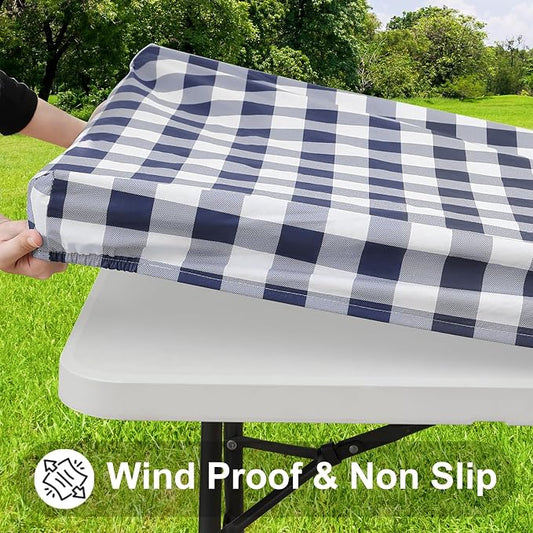 Smiry Rectangle Picnic Table Cloth, Elastic Waterproof Fitted Vinyl Tablecloths, Flannel Backed Buffalo Plaid Table Covers for Dining, Camping, Outdoor (White and Navy, 42" x 72")