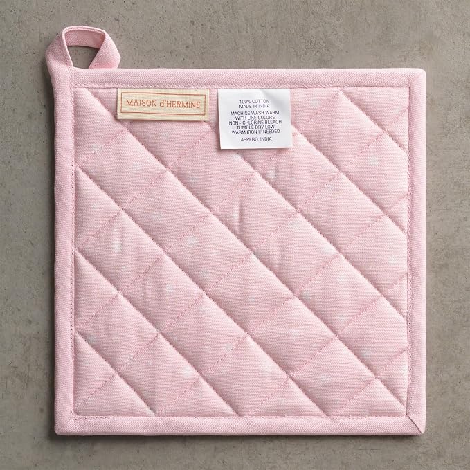 Maison d' Hermine Pot Holders 100% Cotton Potholders (8" x 8", Pack of 1) | Heat Resistant Hot Pads with Loop BBQ Cooking Kitchen Handling Hot Pans Thanksgiving Christmas - Christmas Market - Pink