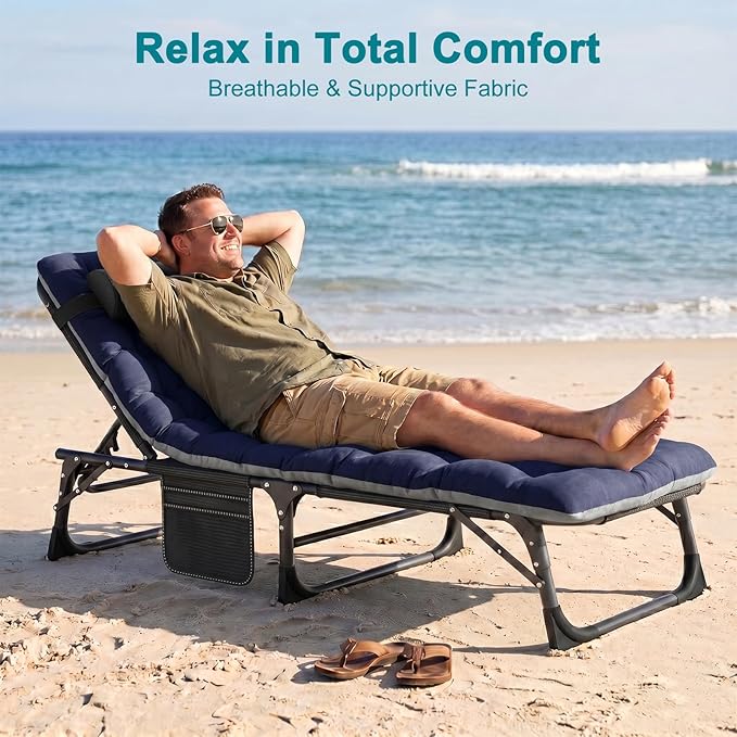 ABORON Heavy Duty Tanning Chair, 5-Gear Outdoor Folding Chaise Lounge Chair with Cushion,Portable Beach Lounge Chair for Outdoor Sunbathing Patio Pool Lawn Deck Poolside (Purplish Blue)