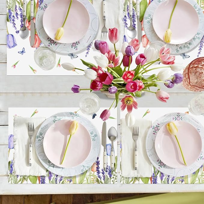 Paper Placemats Disposable 50 Pack Lavender Tulip Placemats 16x 11 Inch Summer Seasonal Rustic Vintage Paper Table Mats for Holiday Home Dining Party Table Decoration