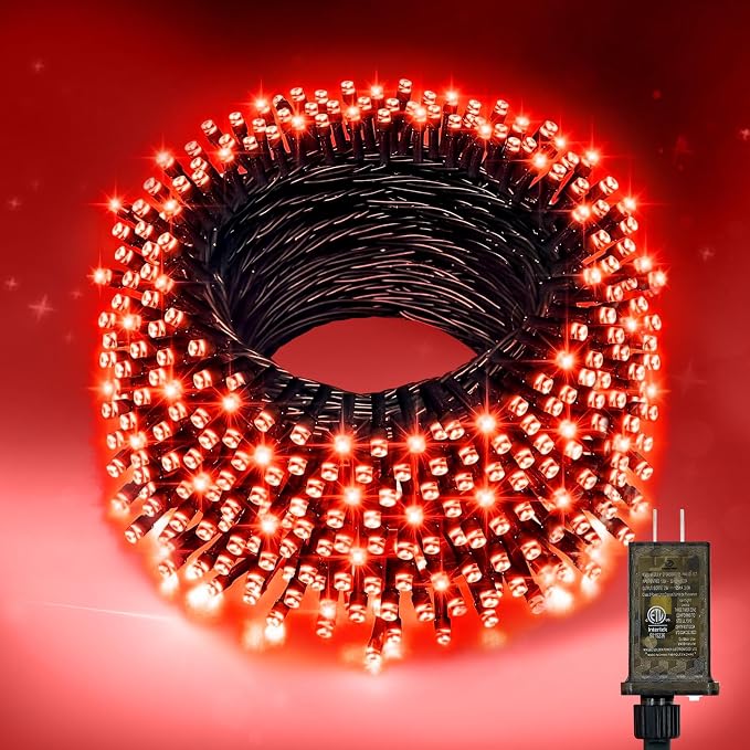 Nisocy Red String Lights with Green Wire, Waterproof Christmas Tree Fairy Lights with 8 Modes, Indoor Outdoor Decorative Lighting for Holiday, Party, Garden, Patio(66FT)