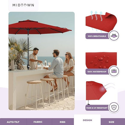 Midtown Umbrellas – The Lean 10 Ft Patio Umbrella with 10-Year-No-Fade Acrylast Acrylic Fabric, Auto-Tilt and 8 Reinforced Ribs for Deck, Pool, Garden, Hotel & Cafes – Regatta Red Canopy, Black Pole