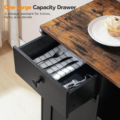 HOOBRO Kitchen Island, Storage Cabinet with Drawer, Kitchen Cart with Spice and Towel Rack, Saving Space, Easy Assembly, for Living Room, Rustic Brown and Black FB12ZD01