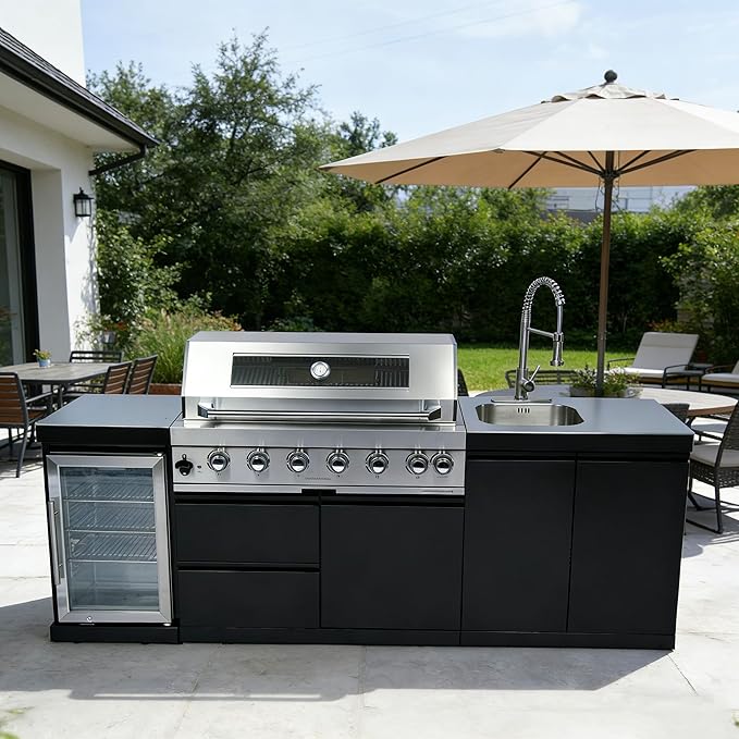 96-Inch 6-Burner Propane Gas Outdoor Kitchen Grill Island - 85000 BTU Stainless Steel BBQ, Refrigerator, Rotisserie, Stainless Countertops, Soft-Close Storage, For Patio, Lawn, Backyard, Black