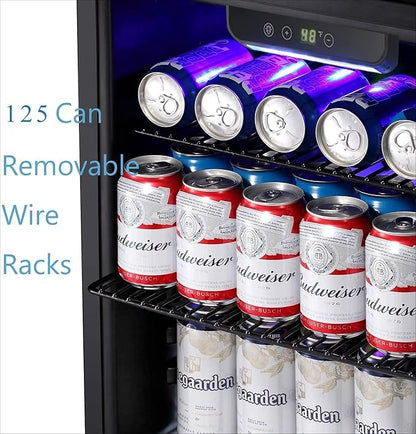 Antarctic Star Beverage Refrigerator -125 Can Mini Fridge for Soda Beer or Wine, Stainless steel door frame, for Office or Bar with Adjustable Removable Shelves, Black, 3.3 Cu.Ft