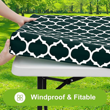 Smiry Picnic Fitted Table Cover, 5 Foot Flannel Backed Vinyl Tablecloth | Waterproof Elastic Stretch Table Cloth, Wipeable Plastic Tablecloth for Camping, Indoor & Outdoor (Hunter Green, 30" x 60")