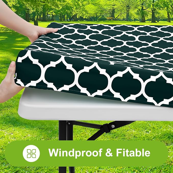 Smiry Picnic Fitted Table Cover, 4 Foot Flannel Backed Vinyl Tablecloth | Waterproof Elastic Stretch Table Cloth, Wipeable Plastic Tablecloth for Camping, Indoor & Outdoor (Hunter Green, 30" x 48")