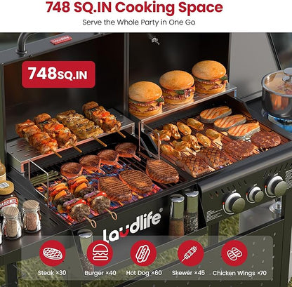 LAUDLIFE Gas and Charcoal Grill Combo with Side Burner, 3 Burners Propane BBQ Grill, 748 SQ.IN Cooking Space, Non-Stick Enamel Coating Grates, Heavy-Duty Stand for Backyard & Outdoor Barbecue