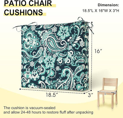 downluxe Outdoor Chair Cushions Set of 6 for Patio Furniture, Water-Resistant Square Corner Patio Chair Cushions with Ties, High Density Foam Outdoor Seat Cushion, 18.5" X 16" X 3", Green Paramecium