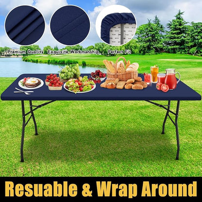Smiry Rectangle Picnic Table Cloth, Waterproof Elastic Fitted Tablecloths for 6 Foot Tables, Washable Polyester Table Cover for Camping, Indoor and Outdoor (Navy, 18"x72")