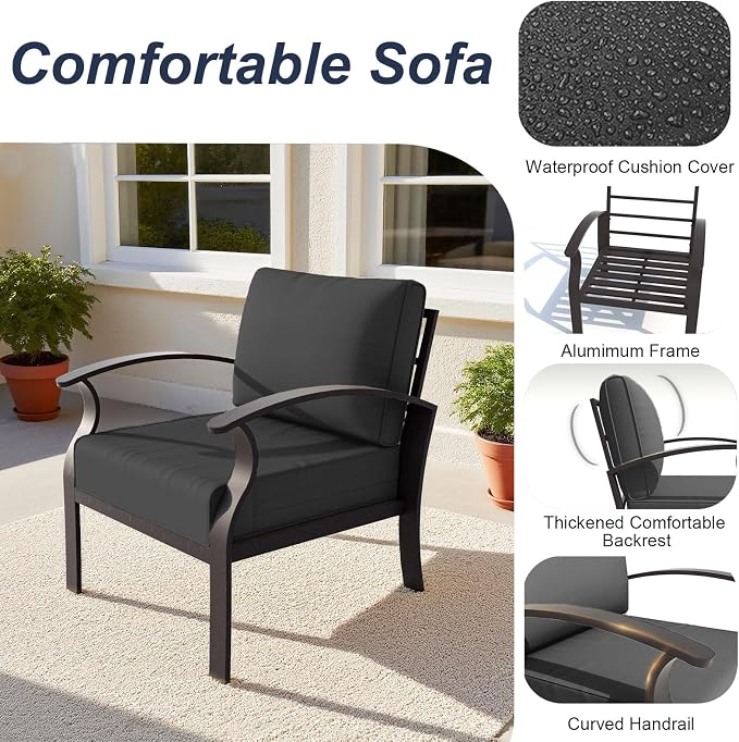 ALAULM Aluminum 2-Seat Patio Furniture Set, Metal Outdoor Furniture Sectional Sofas w/5.1" Cushions for Patio, Backyard, Poolside-Black