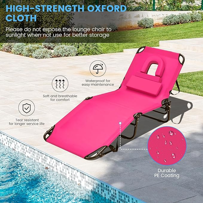 GYMAX Tanning Chair, 330lbs Beach Lounge Chair with Face Hole, Washable Pillow & Carry Strap, Adjustable Folding Chaise Lounge, Layout Chair for Outside, Patio, Poolside, Lawn (1, Pink)