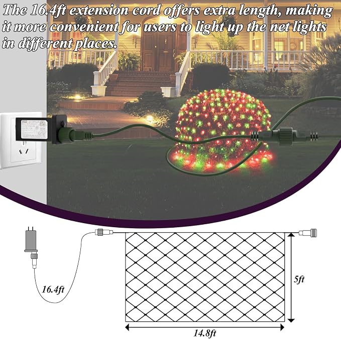 Lovelite 300LED Christmas Net Lights, 14.8ft x 5ft Mesh Lights Outdoor Green Wire 8 Modes Timer, Waterproof Connectable String Lights for Bushes Xmas Tree Garden Holiday Party Decor - Red Green