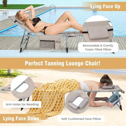 GYMAX Tanning Chair, 330LBS Beach Lounge with Face Arm Hole & Hand Shoulder Strap, Folding Layout Sunbathing Chair, Face Down Outdoor Chaise Lounger for Patio, Poolside, Lawn, Backyard (1, Sand)