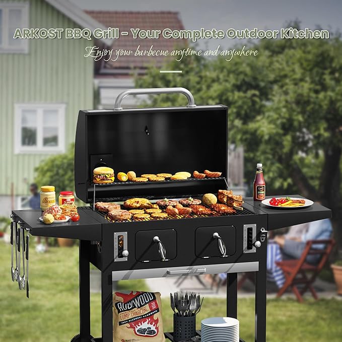 Extra Large Charcoal Grill, Outdoor BBQ Grill with Adjustable Charcoal Trays and Foldable Side Tables, Heavy-Duty Barbecue Grill Smoker for Patio, Camping, Backyard