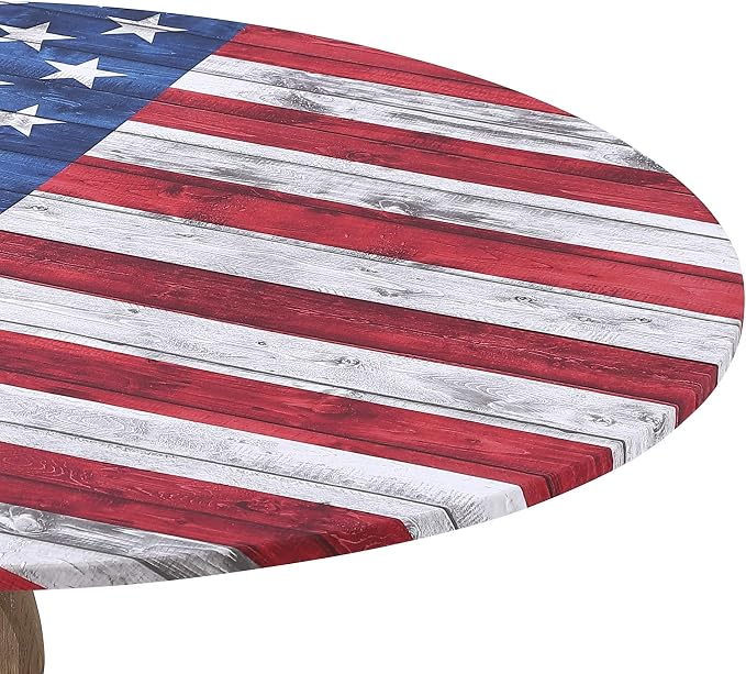 Brielle Home Easy Care Picnic Tablecloth July 4th Printed Indoor Outdoor Elastic Cotton Fabric Fitted Dining Table Cover, 42" Round, American Flag