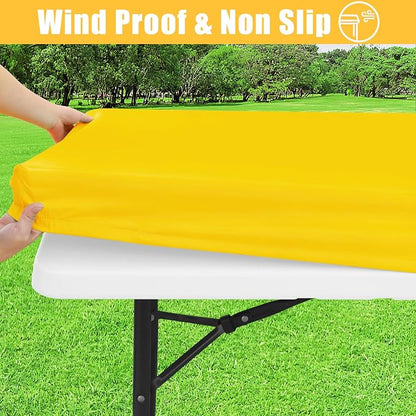 Rectangle Table Cloth, Waterproof Elastic Fitted Tablecloth for 6 Foot Folding Tables, Washable Polyester Tablecloths for Picnic, Camping, Outdoor (Yellow, 30"x72")