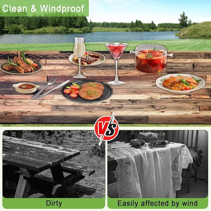 JAWO Brown Rustic Wooden Picnic Table Cover with Bench Covers, Modern Camping RV Essentials Gear Supplies Outdoor Waterproof Windproof Tablecloth with Elastic, 30X72in