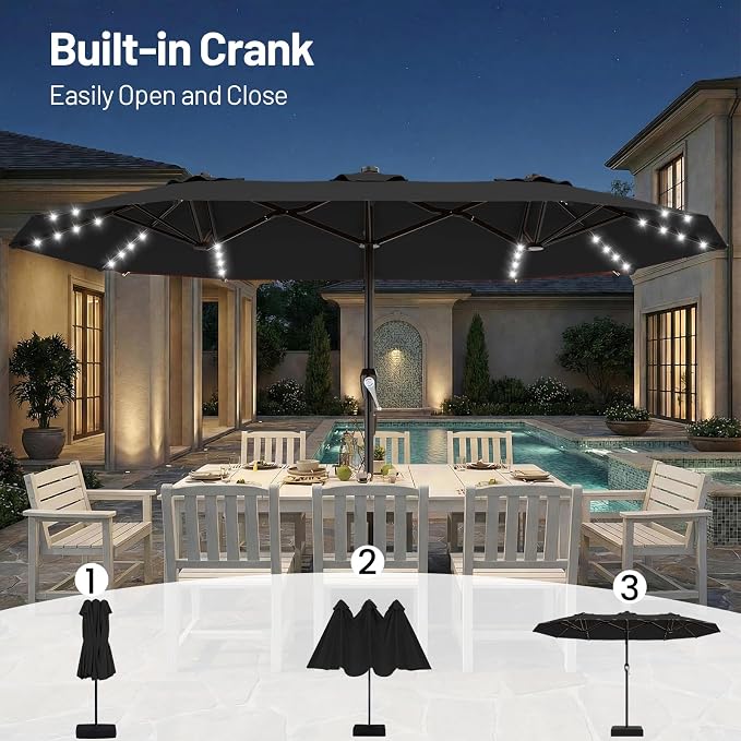 AreShark 15FT Patio Umbrella with Solar Lights, Double Sided Outdoor Table Umbrellas with Crank, Large Rectangular Market Umbrella for Porch, Lawn, Pool, Backyard, Dark Black