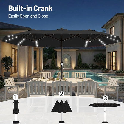 AreShark 15FT Patio Umbrella with Solar Lights, Double Sided Outdoor Table Umbrellas with Crank, Large Rectangular Market Umbrella for Porch, Lawn, Pool, Backyard, Dark Black