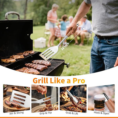 16 Inch Grilling Accessories Set, Heavy Duty Stainless Steel BBQ Accessories Tools and Grill Accessories for Outdoor Grill with Spatula, Fork, & Tongs - Grilling Gifts for Men Women Father