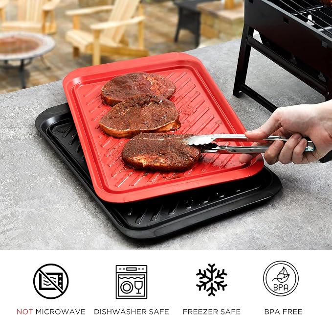 TP 17" x 10.5" Grilling Prep and Serve Trays, Set of 2, Black&Red | Melamine BBQ Trays, Serving Platters for Meats, Raw and Cooked Food Separation, Grill Accessories, Break-resistant
