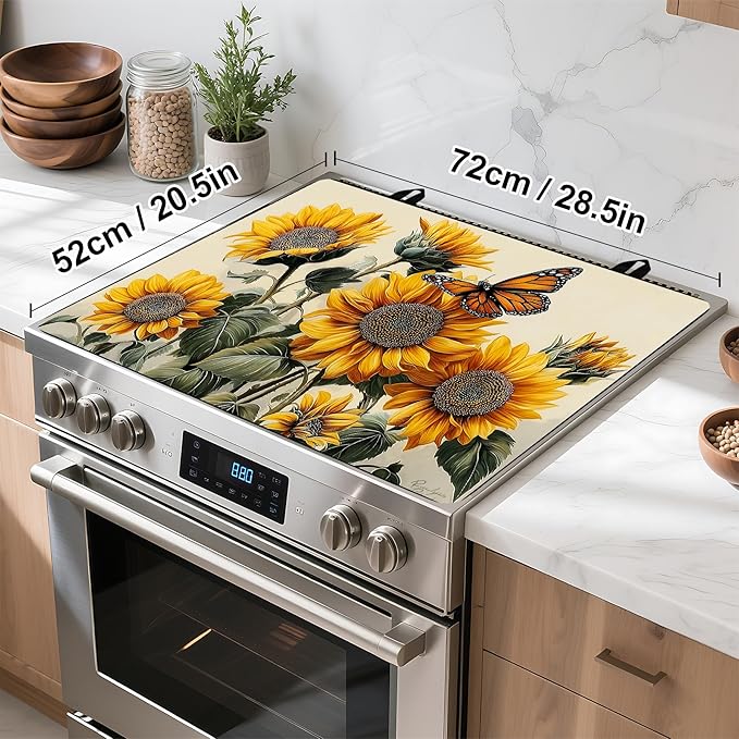 Stove Top Cover Retro Flower Gas Stove Top Cover for Home Decoration Kitchen Pad Non-Stick Washable Cooktop Covers Countertop Protector Keep Stove Clean 28"x20" (sunflower-1)