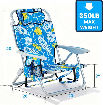 Portable Beach Chair for Adults, Outdoor Camping Chair Lay Flat Folding Backpack Beach Reclining Chair with 5 Positions, Headrest, Cup Holder, Heavy Hawaiian Style