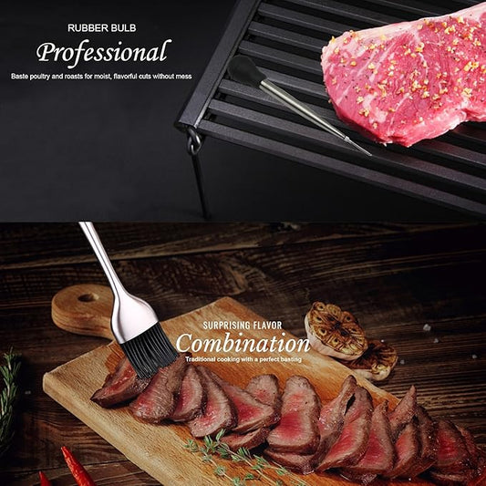 Kaycrown Stainless Steel Turkey Baster With BBQ/Grill Basting Brush, Commercial Grade Quality Rubber Bulb Including 2 Flavor Needles And Cleaning Brush For Easy Clean Up