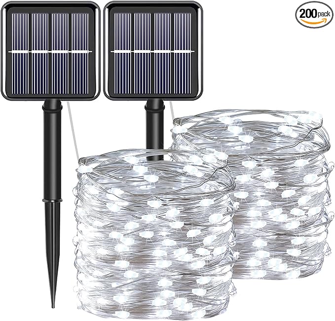 Solar Fairy String Lights for Outside, Outdoor Waterproof, Cool White 2Pack Total 200LED 66Ft 8 Modes Mini Mini Small Solar Powered Lights for Christmas, Garden, Patio, Fence, Balcony