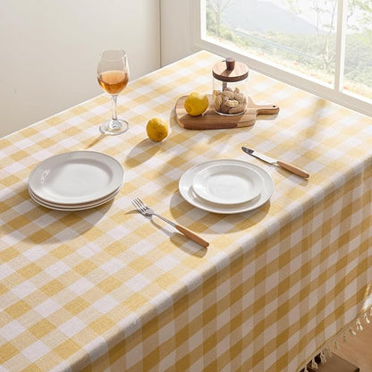 Softalker Checkered Tablecloth Rectangle, Outdoor Linen Cotton Gingham Table Cloth with Tassel, Heavy Duty Wrinkle Free Buffalo Plaid Table Cover for Kitchen Dining Summer Party - 55 x 70 Inch, Yellow